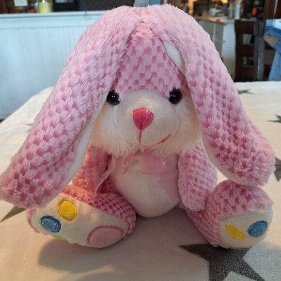 2009 Chrisha Playful Plush Easter Bunny Rabbit Pink Stuffed Animal Jellybean Toe - Picture 1 of 9